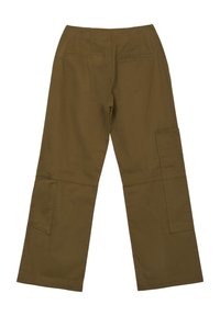 Braune Cargo-Hosen mit geradem Bein, ausgestattet mit zwei Gesäßtaschen und seitlichen Patches. Hergestellt aus strapazierfähigem Baumwollstoff.