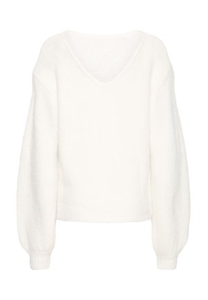 White knitted sweater with a V-neck, dropped shoulders, and long, slightly puffed sleeves. Soft texture and cropped design.