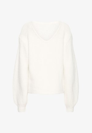 Balts adīts džemperis ar V-veida kakla izgriezumu, kritušiem pleciem un garām, nedaudz pūstām piedurknēm. Mīksta tekstūra un īss dizains.