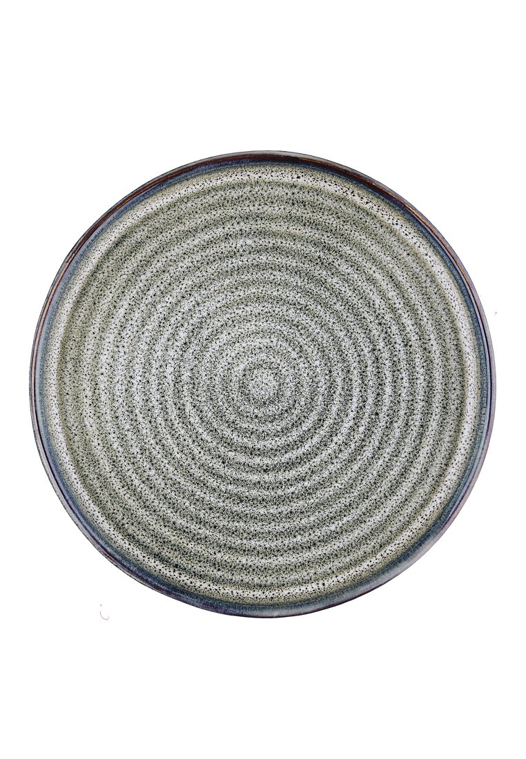 Runde Keramikplatte mit konzentrischem Kreisdesign in gesprenkelten Grautönen und Blautönen auf einem weißen Hintergrund.