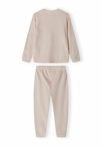 Ljust rosa college-tröja och byxor set. Tröjan har långa ärmar och ribbade muddar, medan byxorna har ett elastiskt midjeband.