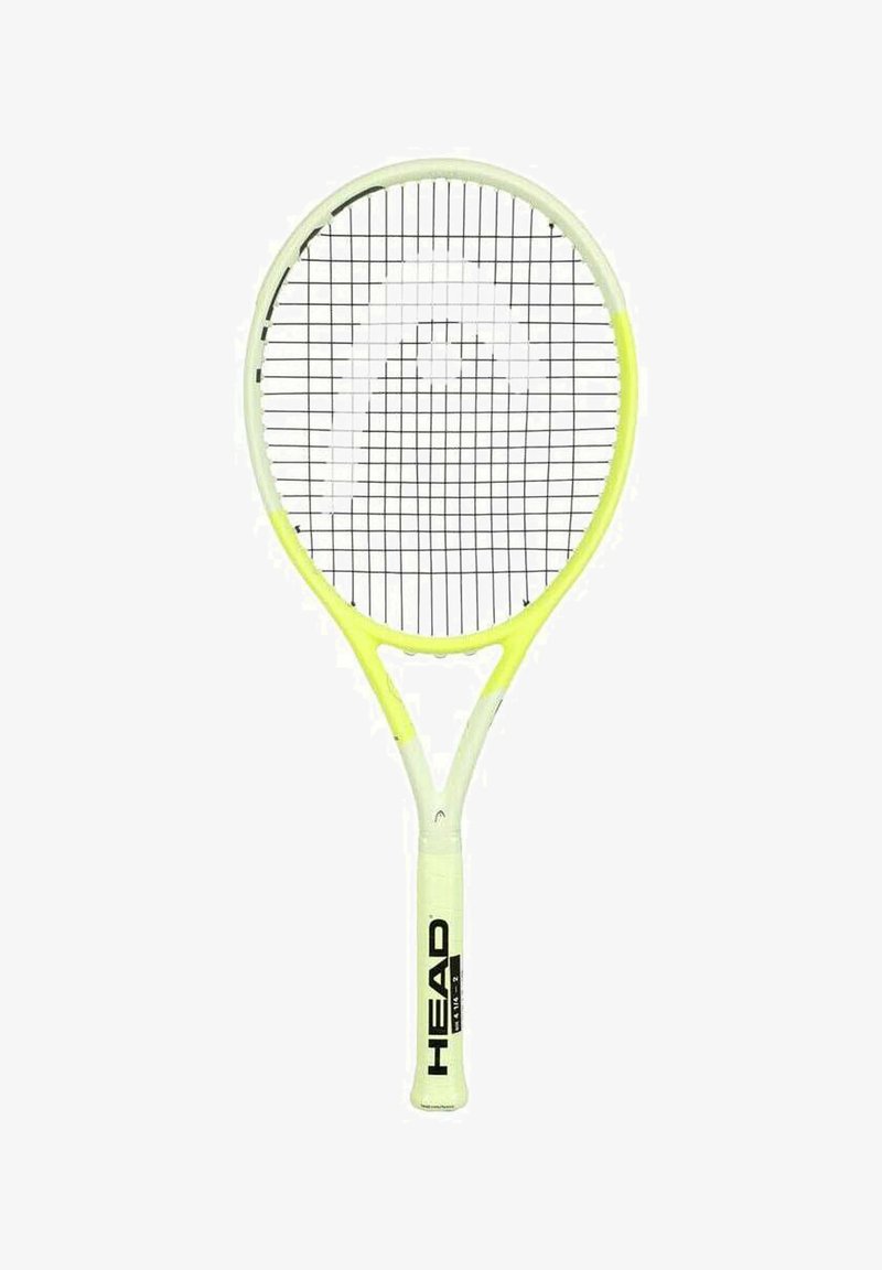 Yellow and white tennis racket with a black string pattern, oval head, and white handle featuring the "HEAD" logo in black.