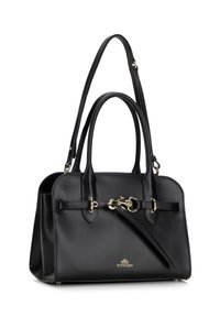 Borsa a mano in pelle nera con due manici, una tracolla removibile, hardware dorato e dettaglio con fibbia frontale. Texture liscia e forma struttura.