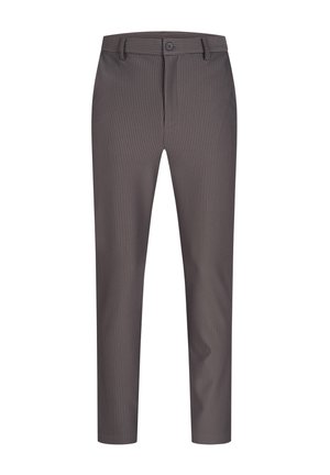 Pantalones a rayas grises con corte ajustado, que cuentan con cierre de botón y trabillas para cinturón. La tela tiene una textura suave y un ligero brillo.
