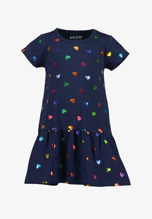 Marineblauw kortärmad jurk met een uitlopende onderkant, versierd met kleurrijke, glanzende hartpatronen. Gemaakt van zachte katoenstof.