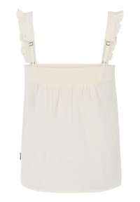 Bluzka w kolorze kremowym z falbankami na ramiączkach, marszczonym stanem i luźnym krojem. Wykonana z lekkiego, lekko teksturowanego materiału.