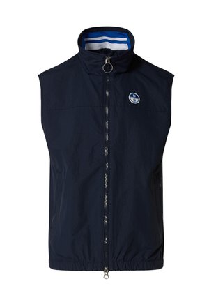 Gilet sans manches bleu marine avec fermeture éclair complète à l'avant, col montant doublé de rayures blanches et bleues, et petit logo rond sur la poitrine.