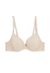 Lichtbeige beha met voorgevormde cups en kantdetails aan de zijkanten. Verstelbare bandjes en een naadloze afwerking verbeteren het comfort en de ondersteuning.