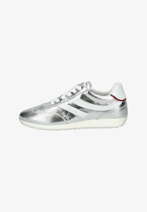 Silver low-top sneaker with white laces, white side stripes, white sole, and a small red accent on the heel collar.