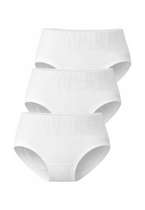 Three plain white cotton brief-style underwear stacked vertically on a white background.