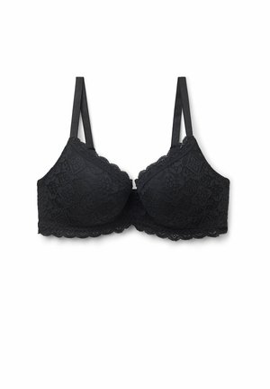 Soutien-gorge en dentelle noire avec des bords festonnés, un motif floral et des bretelles en satin réglables. Doté de bonnets doux et d'une fermeture au dos à crochet.