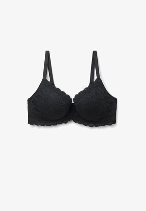 Svart spetsbehå med scallopade kanter, blommönster och justerbara satinslingor. Har mjuka kupor och en hakstängning bak.