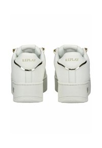 Pair of white platform sneakers with gold "REPLAY" branding and metallic trim on the heel, shown from the back.
