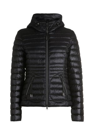 Giacca a vento nera con cappuccio, dotata di texture trapuntata, chiusura con zip e due tasche laterali con dettagli in metallo argentato.