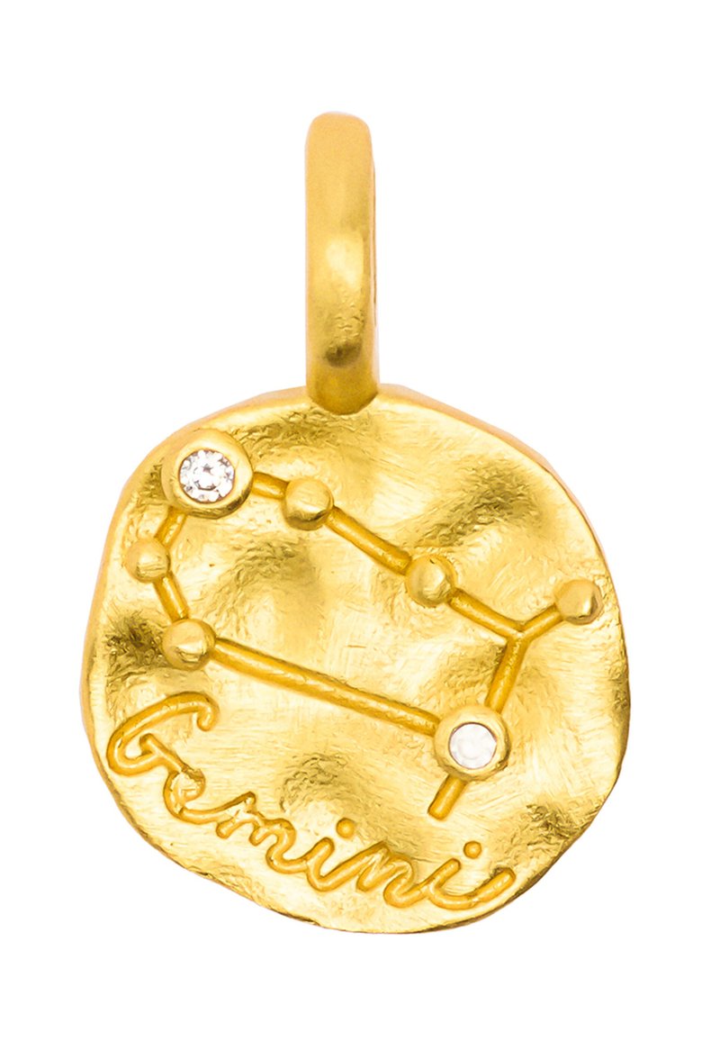 Złoty wisiorek z teksturowanym, okrągłym wzorem przedstawiającym konstelację Bliźniąt oraz wyraz "Bliźnięta" wytłoczony, ozdobiony małymi kryształkami.