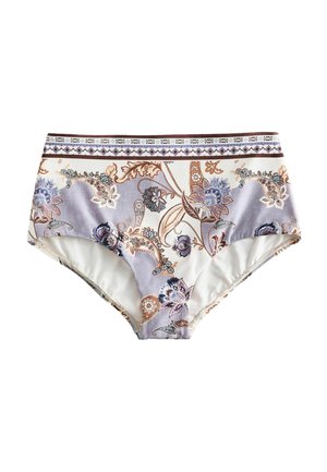 Dół od bikini z wysokim stanem, w beżowe, brązowe i niebieskie kwiatowe i paisley wzory, z ozdobnym geometrycznym paskiem w talii.