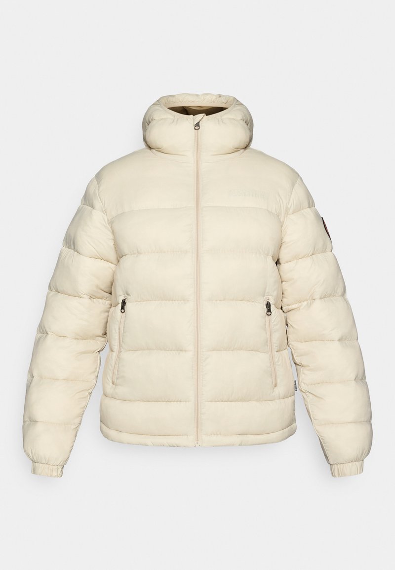 Beżowa kurtka ocieplana z wysokim kołnierzem, zamkiem błyskawicznym z przodu i bocznymi kieszeniami. Posiada poziome pikowane sekcje oraz elastyczne mankiety.