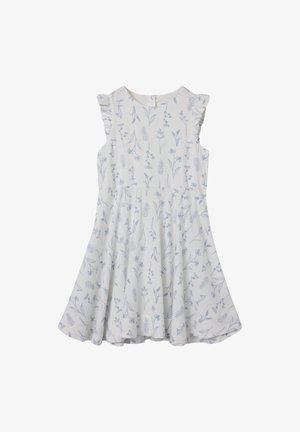 Valkoinen mekko sinisillä kukkakuosisilla, leijailevat hihat, napakka vyötärö ja levenevä helma. Valmistettu kevyestä kankaasta, jossa on pyöreä pääntie.