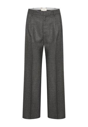 Pantaloni a gamba larga grigi realizzati in un tessuto testurizzato, dotati di una piega frontale, passanti per cintura e una vita pulita senza hardware visibile.