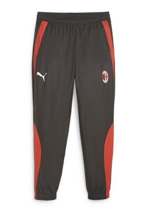 Pantalons de sport noirs avec des bandes latérales rouges. Fabriqués en matière légère, avec une taille élastique et des accents de logo sur la jambe gauche.