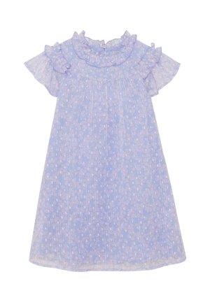 Hellviolettes kurzärmeliges Kleid mit transparentem Rüschkragen und Ärmeln, mit einem dezenten Blumenmuster und Knopfverschluss hinten.