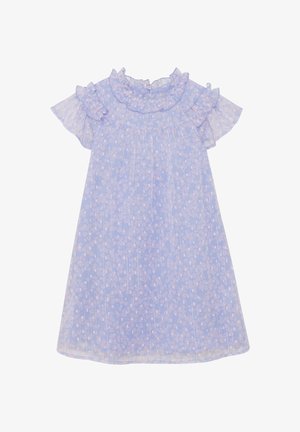 Hellviolettes kurzärmeliges Kleid mit transparentem Rüschkragen und Ärmeln, mit einem dezenten Blumenmuster und Knopfverschluss hinten.