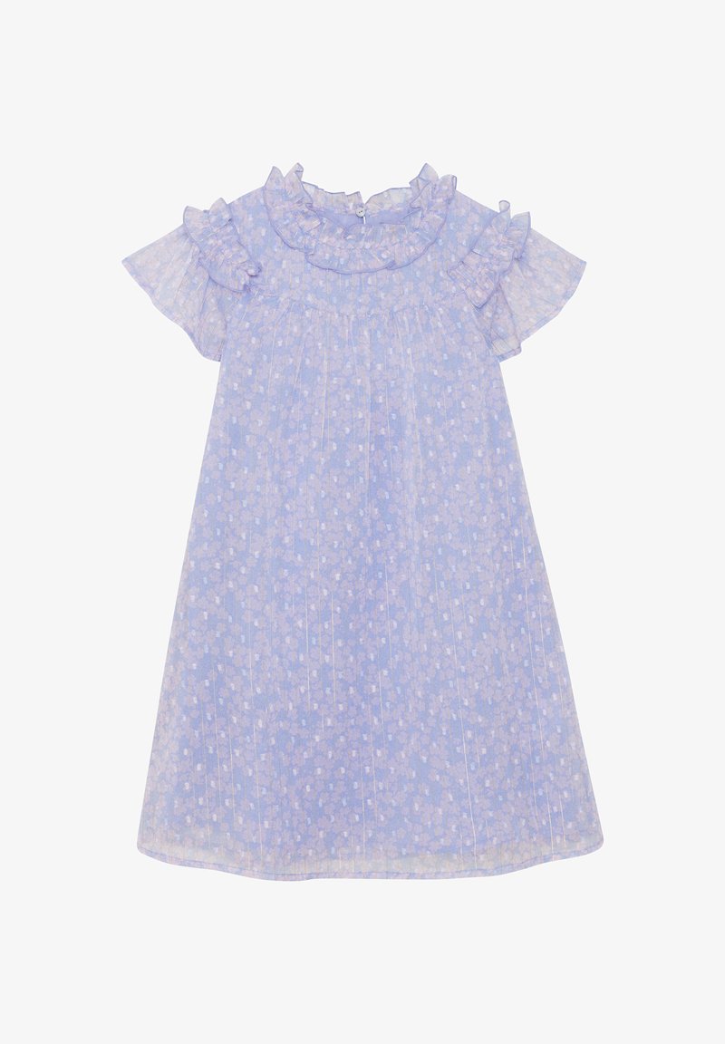 Vestito corto viola chiaro con maniche corte e colletto e maniche volant trasparenti, caratterizzato da un delicato motivo floreale e chiusura posteriore con bottoni.