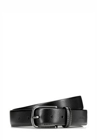Cintura in pelle nera con finitura testurizzata e fibbia in tonalità argento. Presenta cuciture bianche e un'estremità rettangolare. Design durevole.