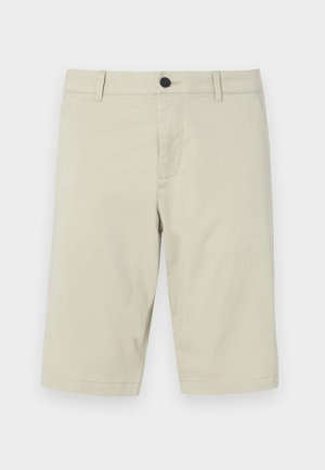 Beige shorts van een lichte katoenmix, met een vlakke voorkant, riemlussen, knoopsluiting en een knielange zoom.