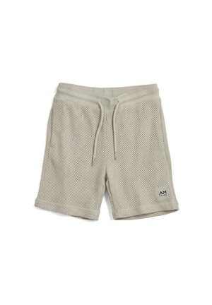 Bež kratke hlače od mrežaste tkanine s elastičnim strukom, vezicom i malom pravokutnom zakrpom s logom marke blizu ruba na lijevoj nozi.