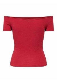 Röd off-shoulder topp i bomull med korta ärmar och en figurnära silhuett. Slät textur med en enkel, enhetlig färg.