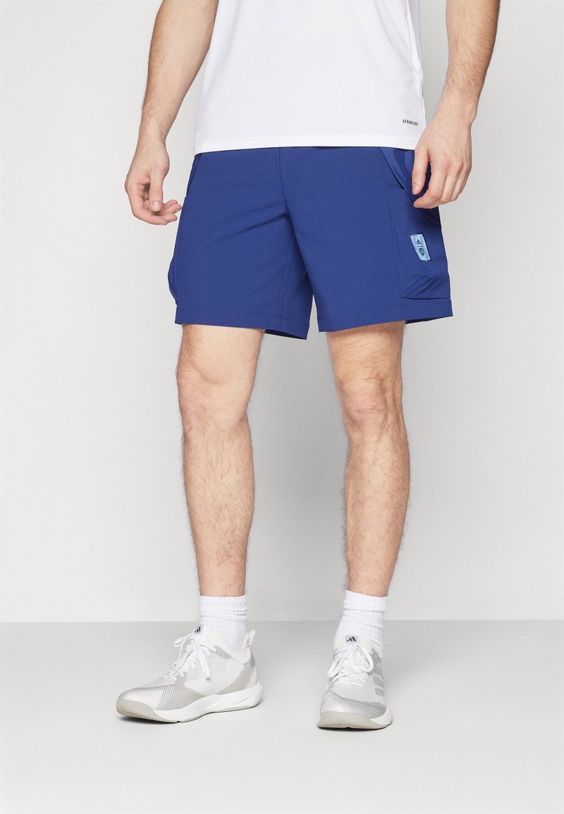 Pantaloni sportivi blu realizzati in materiale leggero, con due tasche laterali e una piccola etichetta con logo sul lato sinistro anteriore.