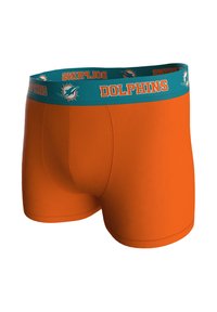 Oranžové boxerky s modrozeleným pasem s nápisem „DOLPHINS“ a logem. Materiál působí hladce, se střihaným designem a krátkými nohavičkami.