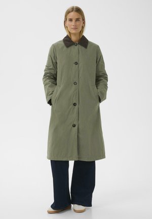 Olive green long coat with a brown corduroy collar, front button closure, side pockets, and a relaxed fit. Plain fabric texture.