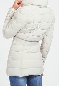 Giacca imbottita grigio chiaro con cuciture verticali, colletto alto e vita elastica. Tessuto liscio e silhouette aderente.