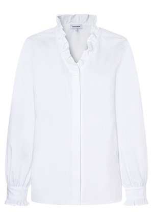 Weiße Bluse mit Knopfleiste, gerafftem Ausschnitt und Manschetten, langen Ärmeln und glatter Baumwollstruktur. Einfaches, klassisches Design ohne Muster.