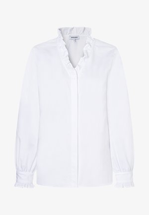 Witte blouse met knopen, ruches bij de halslijn en manchetten, lange mouwen en een zachte katoenen textuur. Eenvoudig, klassiek ontwerp zonder patronen.