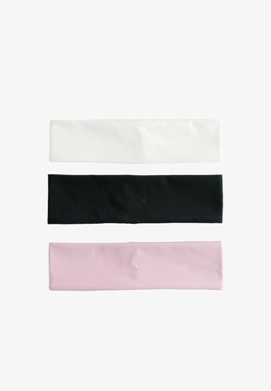 Three soft, stretchable headbands in white, black, and light pink, each featuring a small logo embossed on the front.