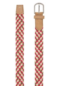 Cintura in tessuto intrecciato con un motivo multicolore di rosa, crema e marrone. Accenti in pelle liscia e una fibbia in metallo argentato completano il design.