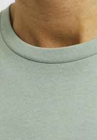 Svijetlozeleni pamučni majica s okruglim izrezom i rebrastim ovratnikom, s glatkom teksturom i bez vidljivih uzoraka ili logotipa.