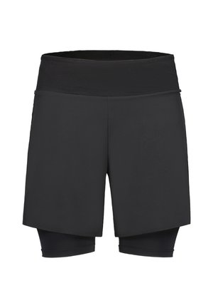 Schwarze, mehrlagige Sportshorts mit weitem elastischem Bund und enganliegenden inneren Kompressionsshorts, die unter der äußeren Schicht verlaufen.