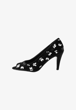 Black velvet high-heeled shoe with an open toe, embellished with intricate white floral patterns and rhinestones, featuring a slender heel.