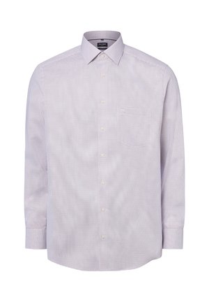 Herren-Hemd mit langen Ärmeln und Knopfleiste, mit kleinem karierter Muster in Helllila und Weiß, ausgestattet mit einer Brusttasche vorne und spitzem Kragen.