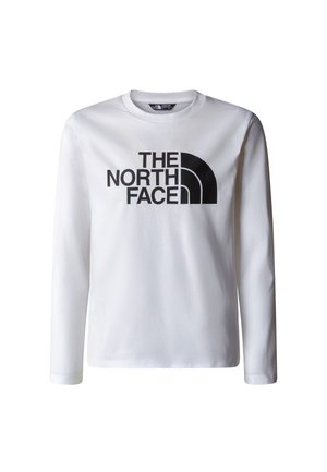 T-shirt à manches longues blanc en coton. Présente un logo graphique noir, « THE NORTH FACE », imprimé de manière bien visible sur le devant.