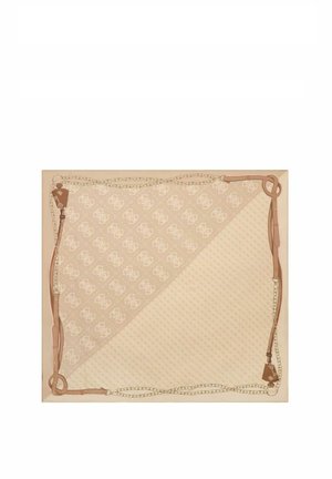 Beiger quadratischer Schal mit diagonalem Muster aus Logos und einem Rand aus beige-farbenen Lederbändern und goldenen Ketten.