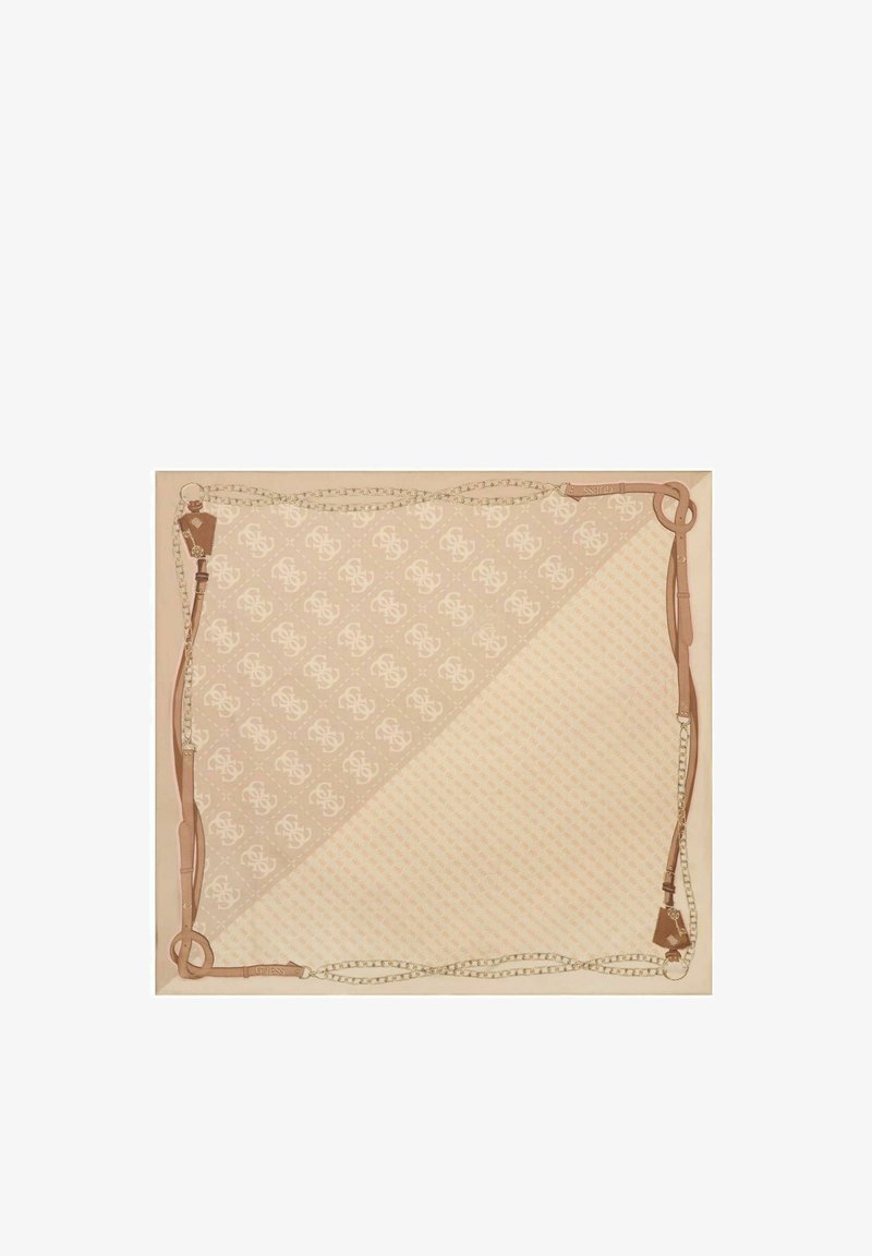 Foulard carré beige avec un motif diagonal de logos et une bordure en lanières de cuir fauve et chaînes dorées.