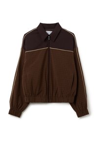 Bruine geruite zip-up jas met een kraag, elastische manchetten en een contrasterende crèmekleurige piping langs de schouders.