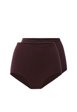 Deux paires de sous-vêtements féminins simples, marron foncé, taille haute, présentées de face sur fond blanc.