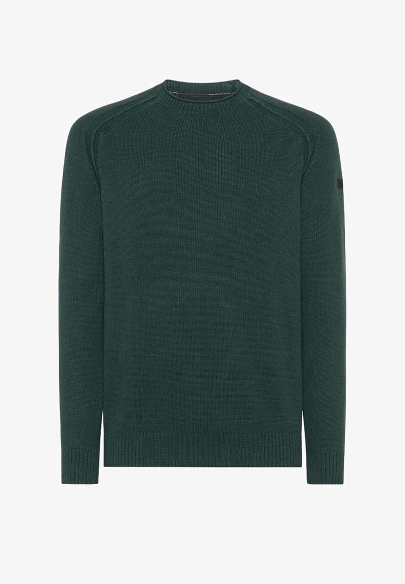 Pull à col rond vert foncé en tricot avec manches longues et poignets et ourlet côtelés, présenté sur un fond blanc uni.