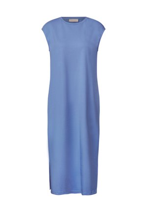 Lyseblå, knælang kjole lavet af glat stof. Har en rund halsudskæring, korte ærmer og slidsser i siderne for øget bevægelsesfrihed.